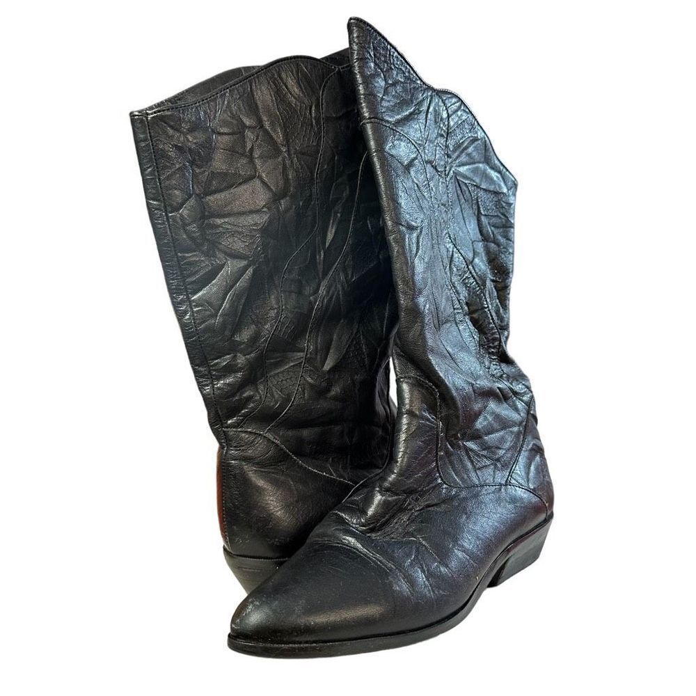 Bootalinos Vintage 80s Black Leather Mid Calf Boots Pointy Toe 7